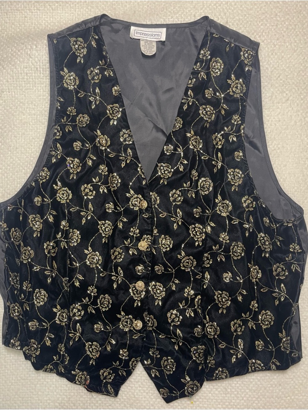 Vintage Impressions Black Velvet Vest with Gold Floral Embroidery Accents